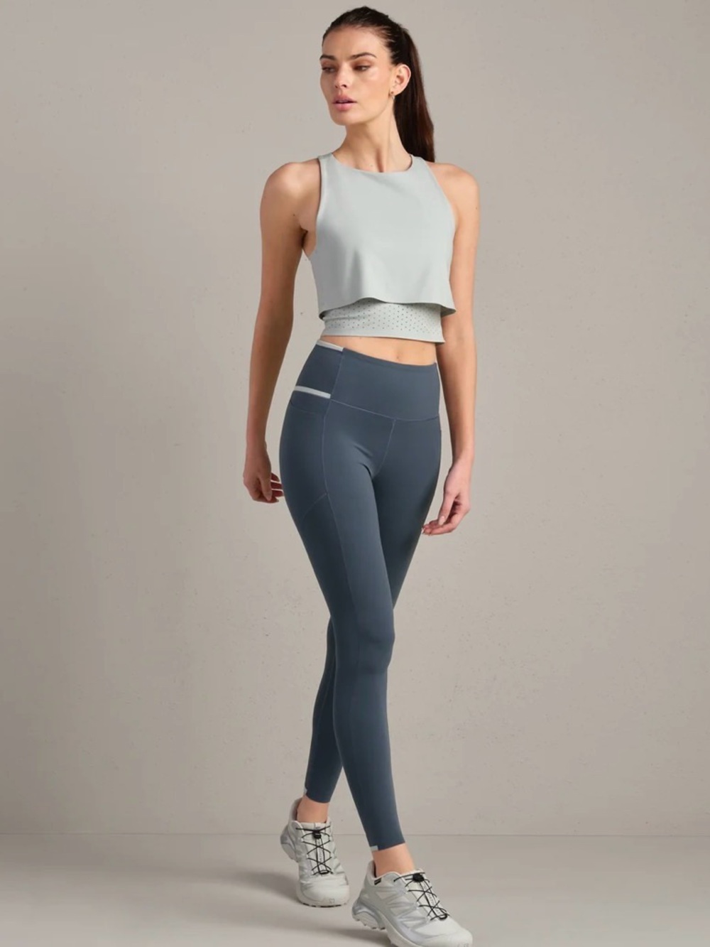 Set! RHONE Instinct Longline Bra Tank and Leggings S Granite Blue And Sage Grey
